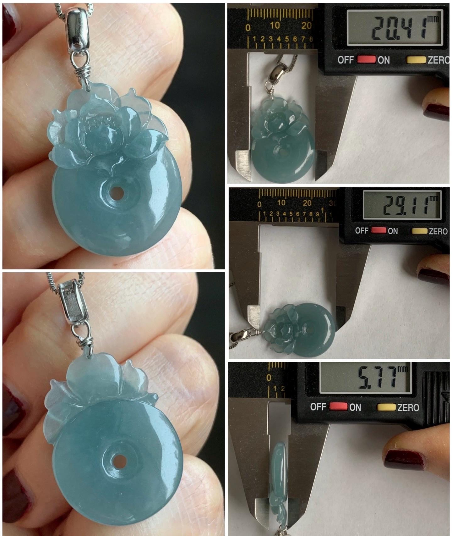 Natural Guatemalan Icy Translucent Light Dusty Blue Jadeite Lotus Flower Ping An Kou Donut Pendant Sterling Silver 天然冰危浅蓝翡翠莲花平安扣吊坠