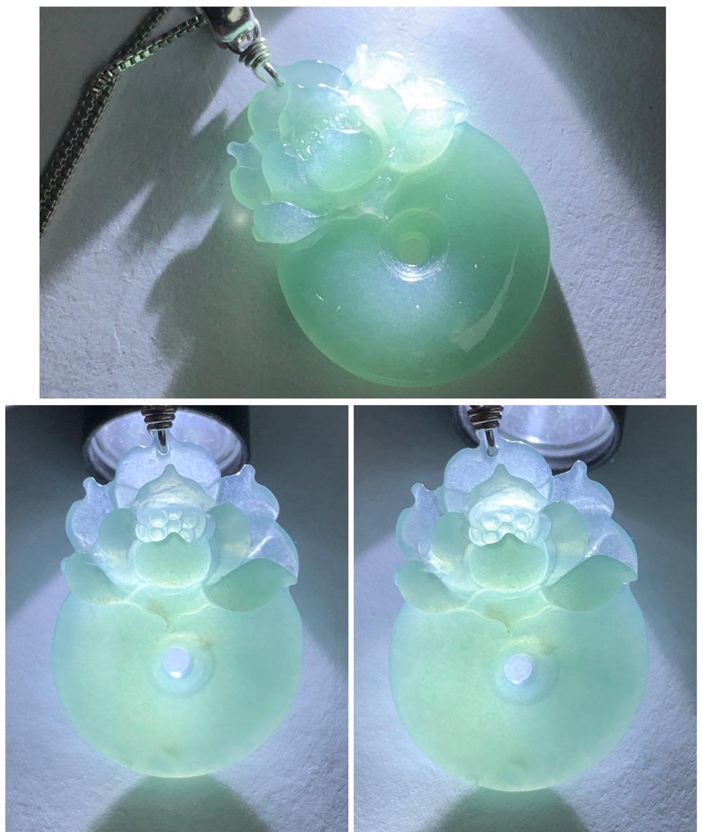 Natural Guatemalan Icy Translucent Light Dusty Blue Jadeite Lotus Flower Ping An Kou Donut Pendant Sterling Silver 天然冰危浅蓝翡翠莲花平安扣吊坠