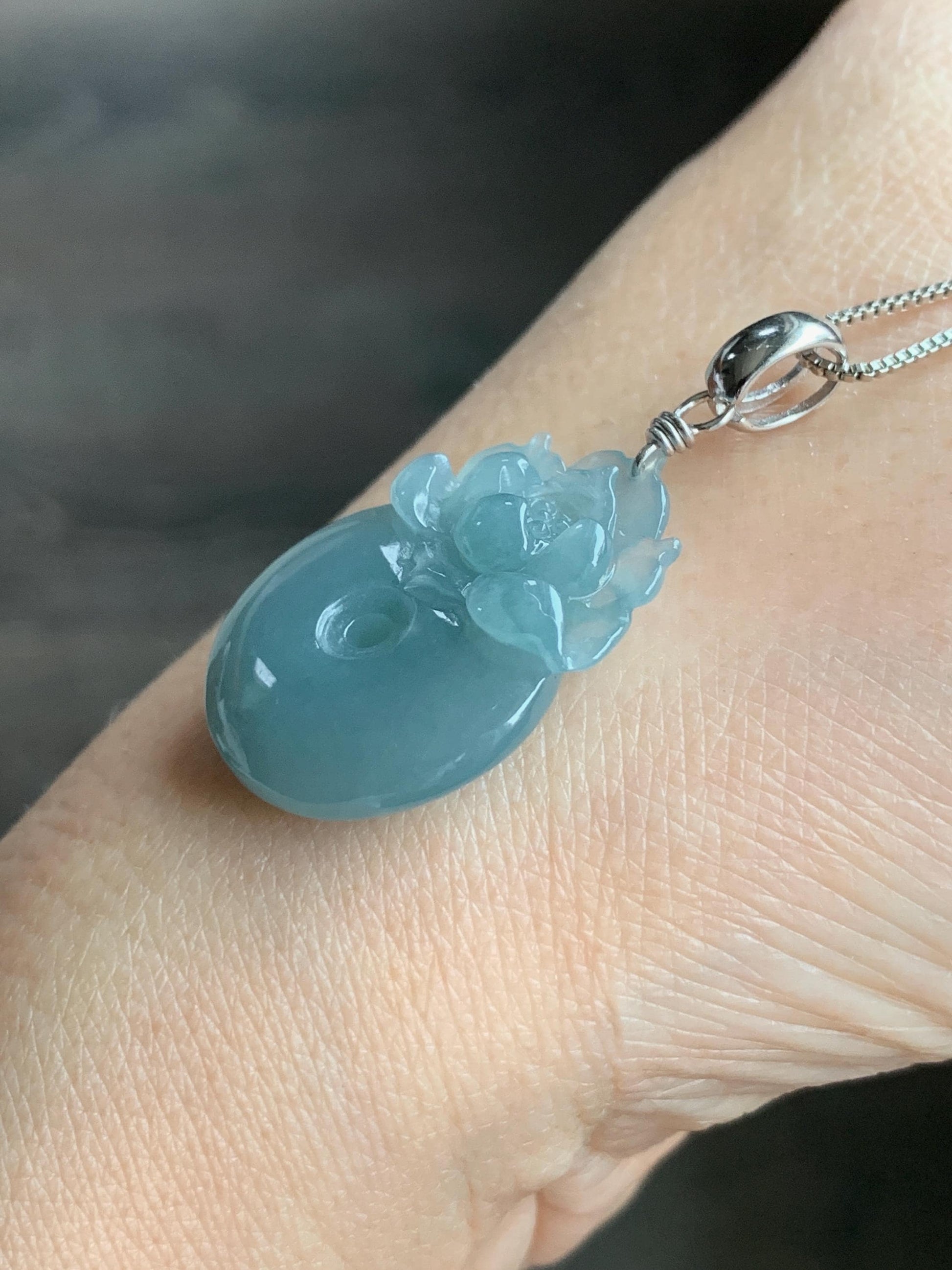 Natural Guatemalan Icy Translucent Light Dusty Blue Jadeite Lotus Flower Ping An Kou Donut Pendant Sterling Silver 天然冰危浅蓝翡翠莲花平安扣吊坠