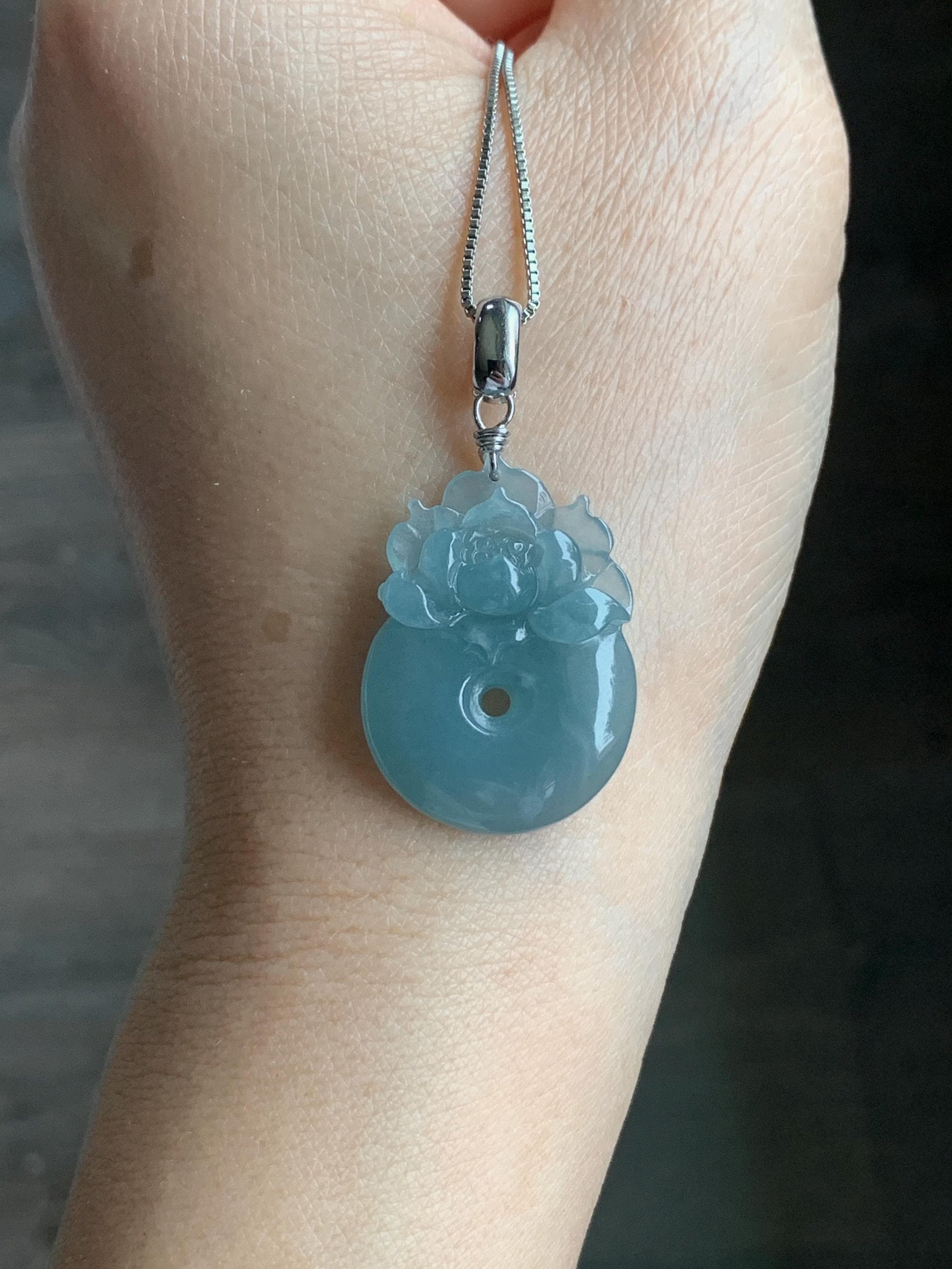 Natural Guatemalan Icy Translucent Light Dusty Blue Jadeite Lotus Flower Ping An Kou Donut Pendant Sterling Silver 天然冰危浅蓝翡翠莲花平安扣吊坠