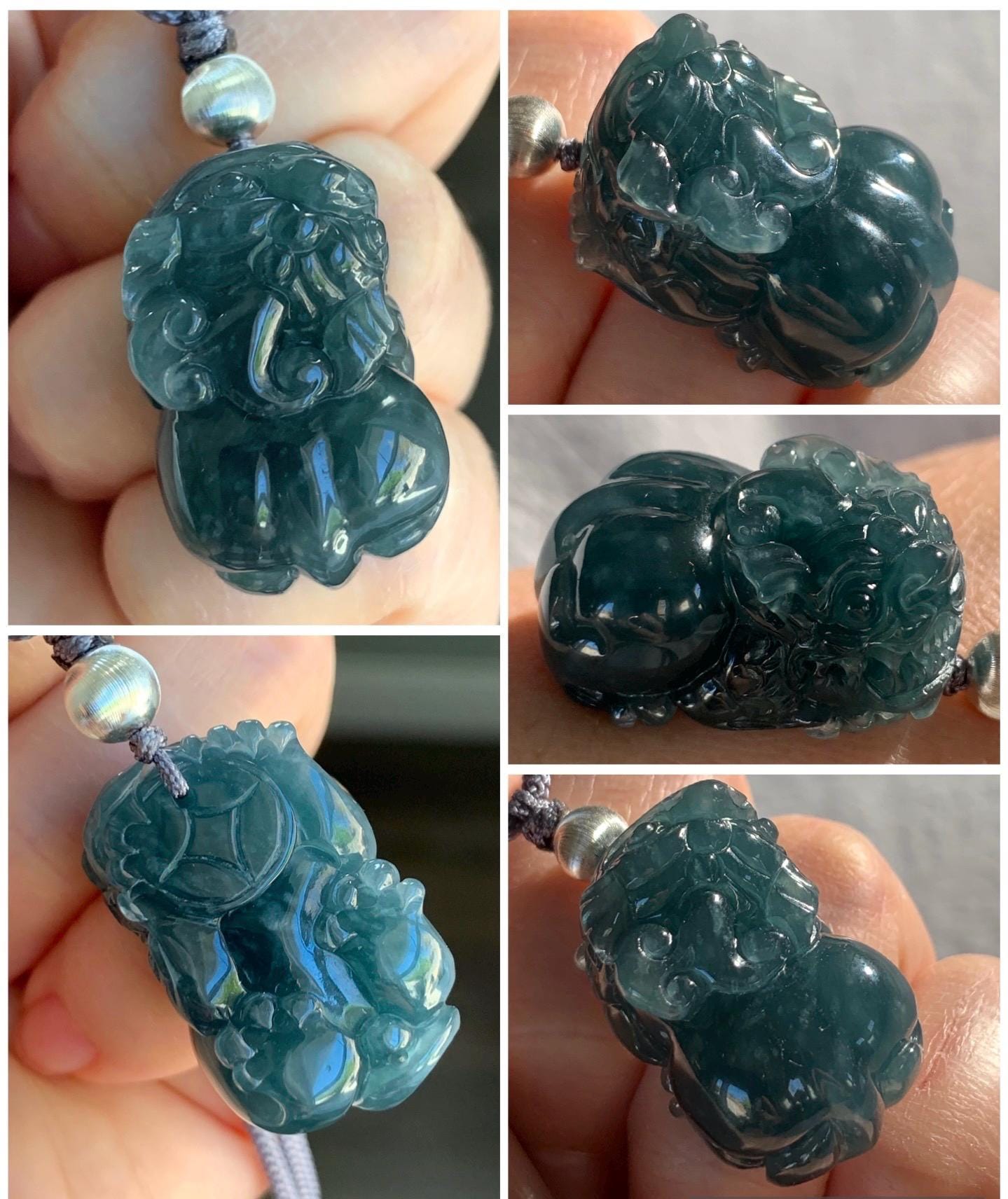 Natural Guatemalan Icy Translucent Gelatinous Dark Teal Blue Jadeite Pixiu Pendant Rope Necklace Sterling Silver 25" 17g 天然老种冰危深蓝水翡翠貔貅吊坠挂件