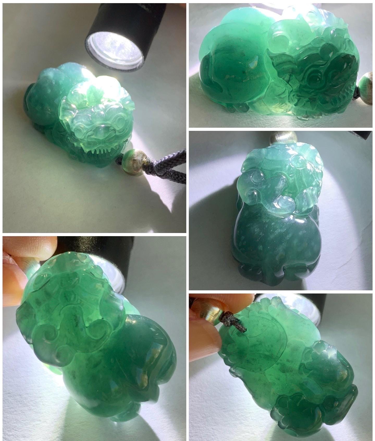 Natural Guatemalan Icy Translucent Gelatinous Dark Teal Blue Jadeite Pixiu Pendant Rope Necklace Sterling Silver 25" 17g 天然老种冰危深蓝水翡翠貔貅吊坠挂件