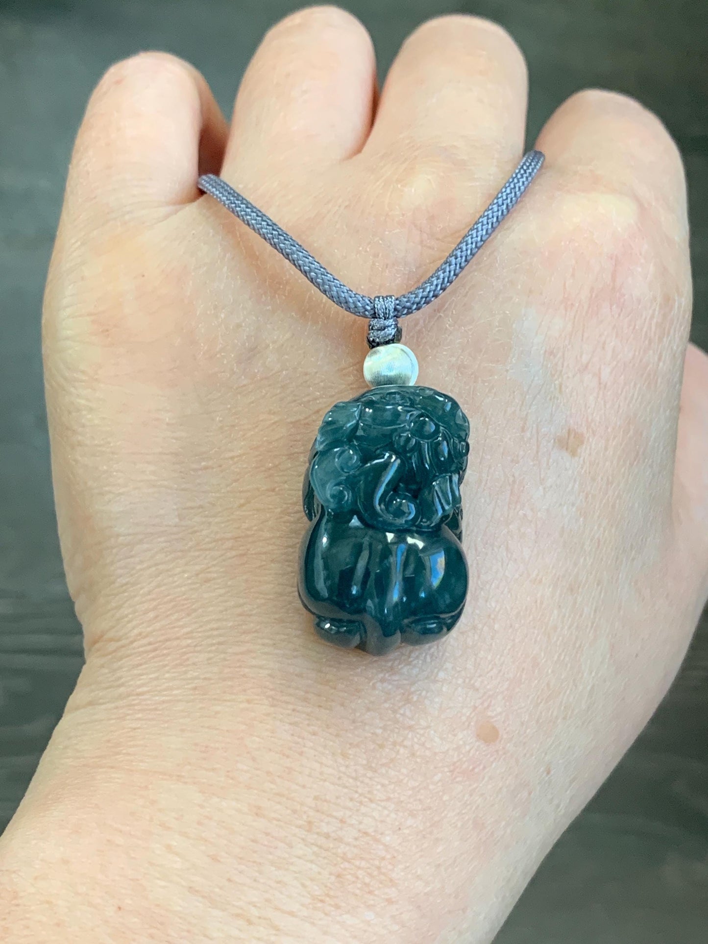 Natural Guatemalan Icy Translucent Gelatinous Dark Teal Blue Jadeite Pixiu Pendant Rope Necklace Sterling Silver 25" 17g 天然老种冰危深蓝水翡翠貔貅吊坠挂件