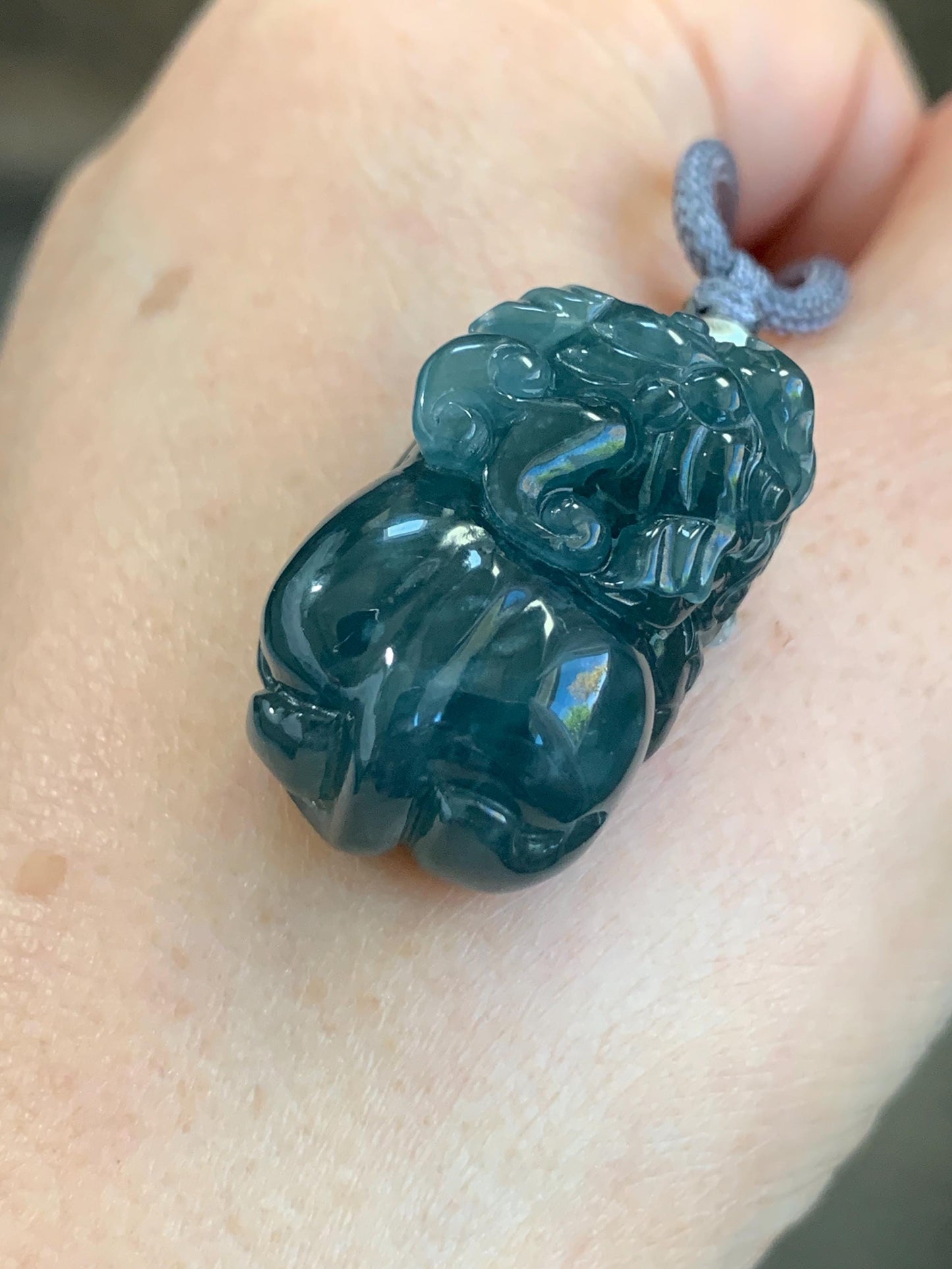 Natural Guatemalan Icy Translucent Gelatinous Dark Teal Blue Jadeite Pixiu Pendant Rope Necklace Sterling Silver 25" 17g 天然老种冰危深蓝水翡翠貔貅吊坠挂件