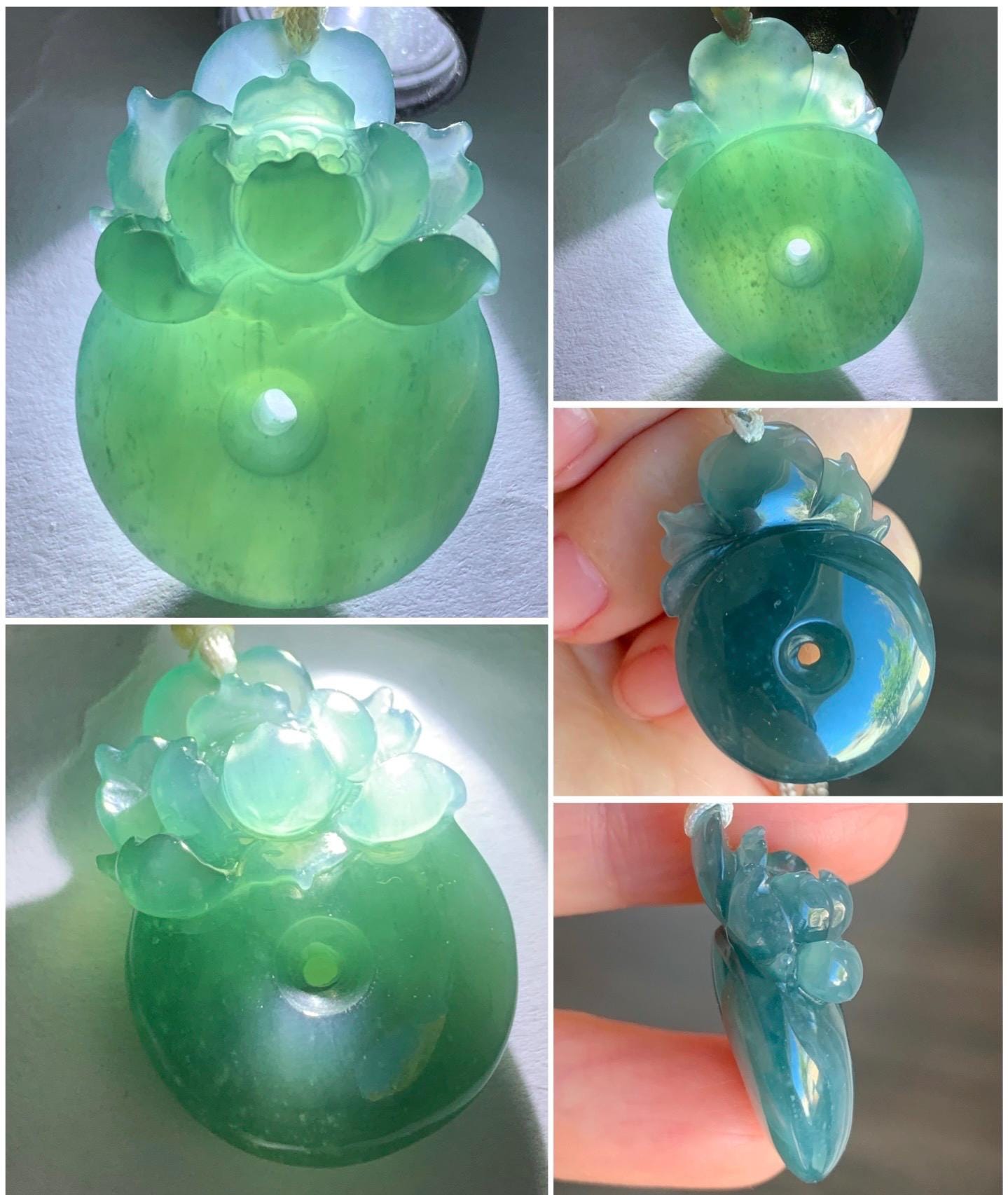 Certified Natural Guatemalan Icy Translucent Dark Teal Blue Jadeite Lotus Flower Ping An Kou Donut Pendant Rope Necklace 天然冰危深蓝翡翠莲花平安扣吊坠 019