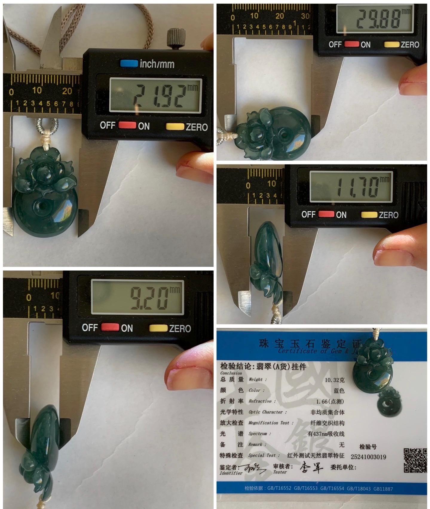 Certified Natural Guatemalan Icy Translucent Dark Teal Blue Jadeite Lotus Flower Ping An Kou Donut Pendant Rope Necklace 天然冰危深蓝翡翠莲花平安扣吊坠 019