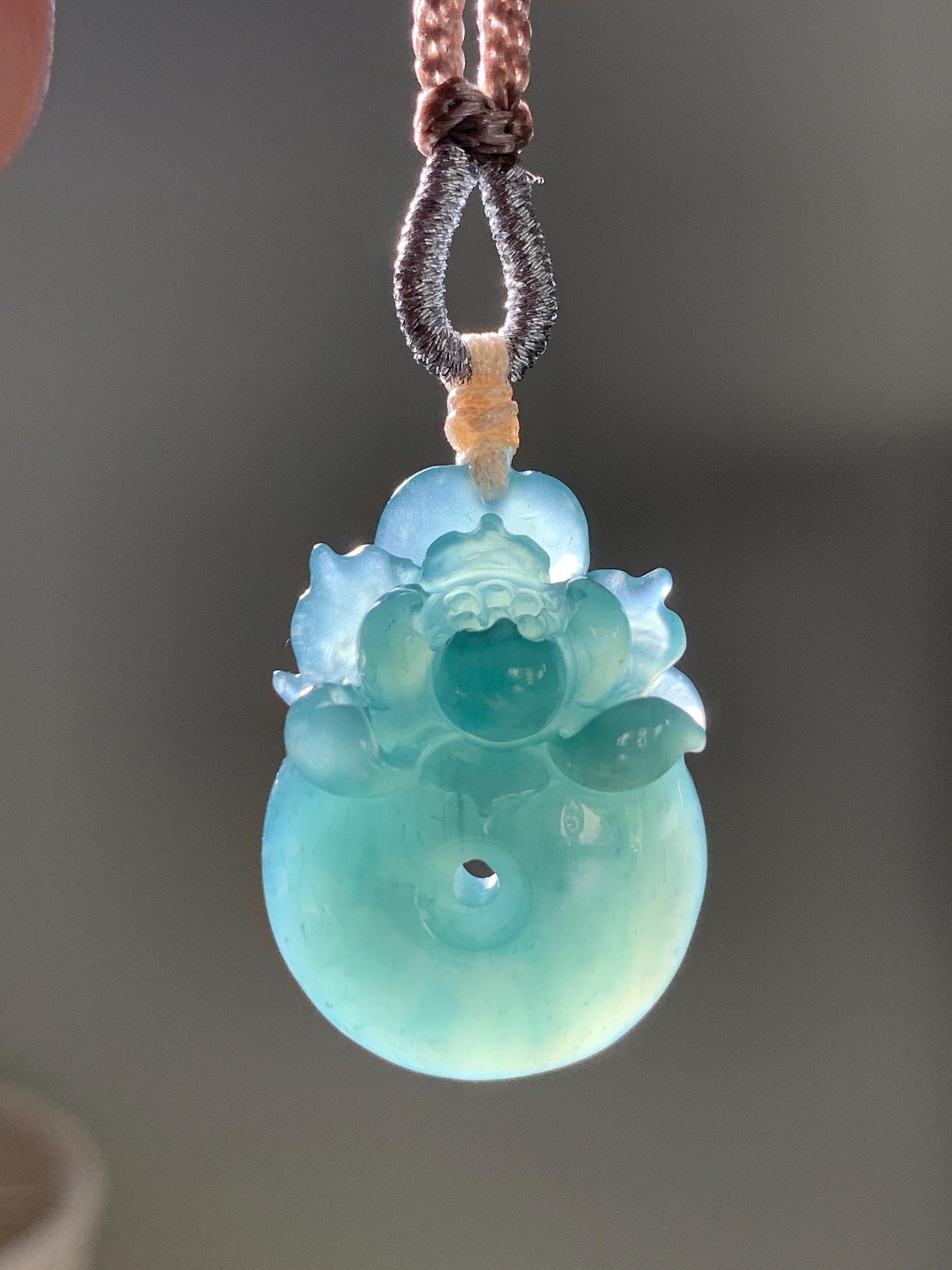 Certified Natural Guatemalan Icy Translucent Dark Teal Blue Jadeite Lotus Flower Ping An Kou Donut Pendant Rope Necklace 天然冰危深蓝翡翠莲花平安扣吊坠 019