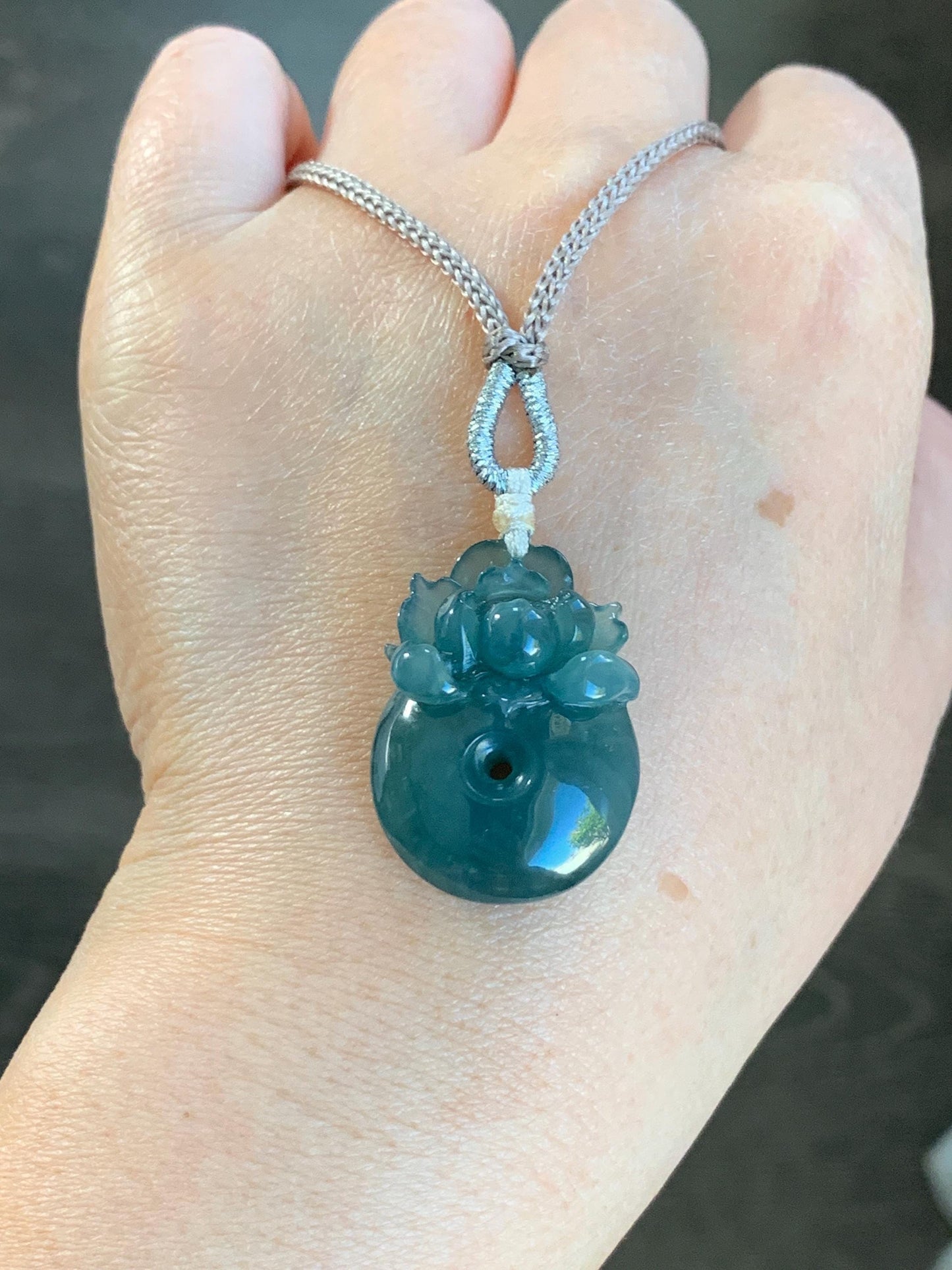 Certified Natural Guatemalan Icy Translucent Dark Teal Blue Jadeite Lotus Flower Ping An Kou Donut Pendant Rope Necklace 天然冰危深蓝翡翠莲花平安扣吊坠 019