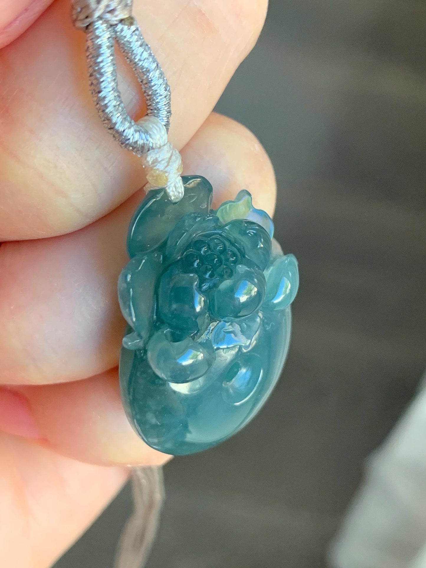 Certified Natural Guatemalan Icy Translucent Dark Teal Blue Jadeite Lotus Flower Ping An Kou Donut Pendant Rope Necklace 天然冰危深蓝翡翠莲花平安扣吊坠 019