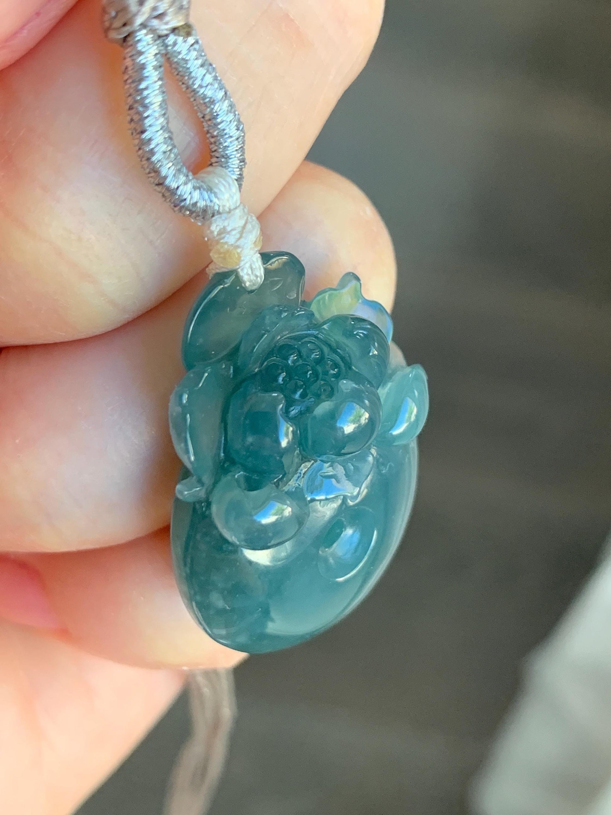 Certified Natural Guatemalan Icy Translucent Dark Teal Blue Jadeite Lotus Flower Ping An Kou Donut Pendant Rope Necklace 天然冰危深蓝翡翠莲花平安扣吊坠 019