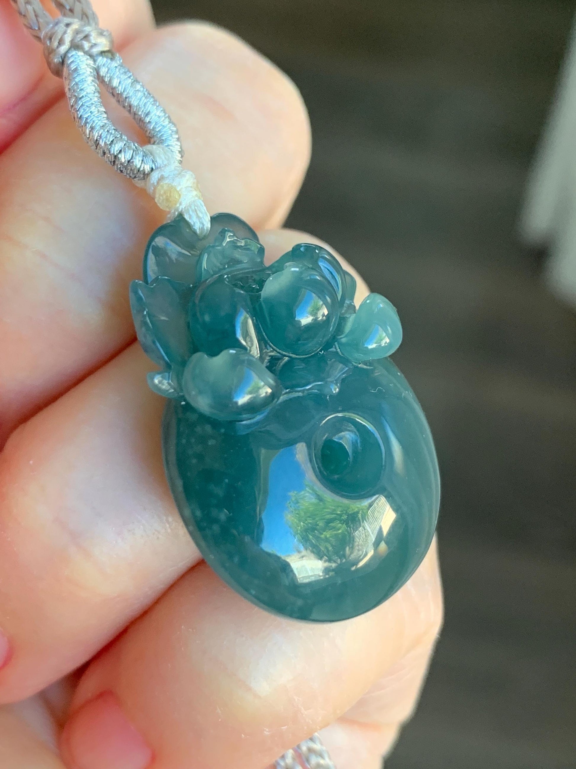 Certified Natural Guatemalan Icy Translucent Dark Teal Blue Jadeite Lotus Flower Ping An Kou Donut Pendant Rope Necklace 天然冰危深蓝翡翠莲花平安扣吊坠 019