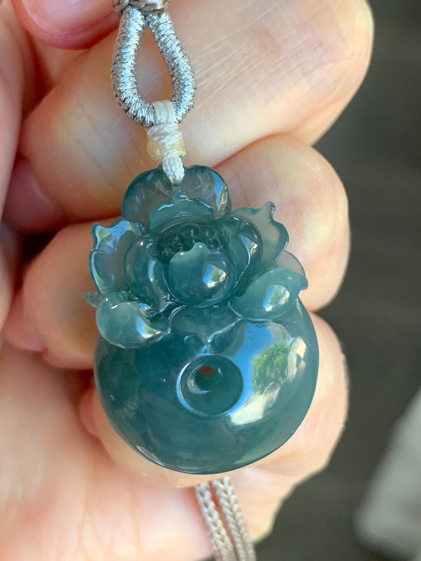 Certified Natural Guatemalan Icy Translucent Dark Teal Blue Jadeite Lotus Flower Ping An Kou Donut Pendant Rope Necklace 天然冰危深蓝翡翠莲花平安扣吊坠 019