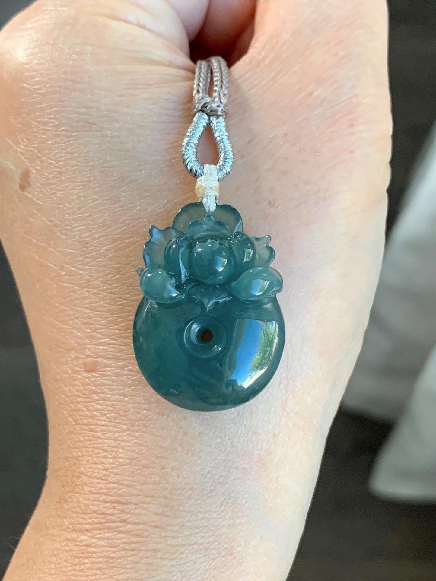 Certified Natural Guatemalan Icy Translucent Dark Teal Blue Jadeite Lotus Flower Ping An Kou Donut Pendant Rope Necklace 天然冰危深蓝翡翠莲花平安扣吊坠 019