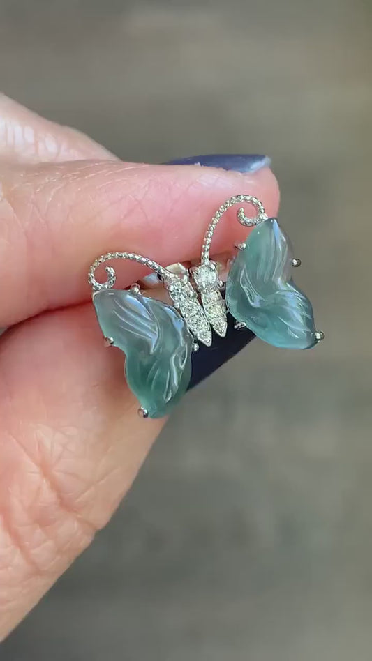 Natural Guatemalan Grade A Icy Translucent Dusty Teal Blue Jadeite Butterfly Style Stud Earrings S925 Sterling Silver 天然冰危蓝绿翡翠蝴蝶镶嵌耳钉