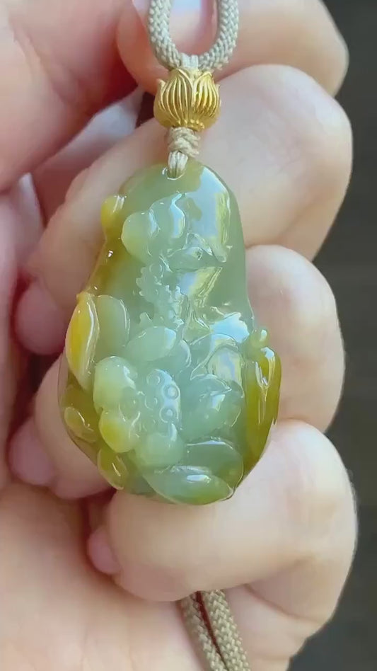 Natural Guatemalan Icy Translucent Vibrant Yellow Two-toned Jadeite Lotus Flower & Praying Monk Pendant Rope Necklace 26” 天然冰危鸡油黄渐变翡翠莲花悟道吊坠