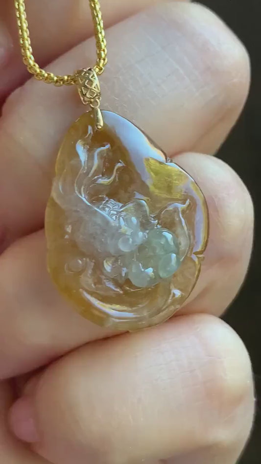 Stunning Natural Burmese Premium Tri-Colored Icy Highly Translucent Jadeite Lotus Flower Goldfish Pendant 18K Yellow Gold 天然缅甸冰黄翡三彩翡翠莲花鱼吊坠