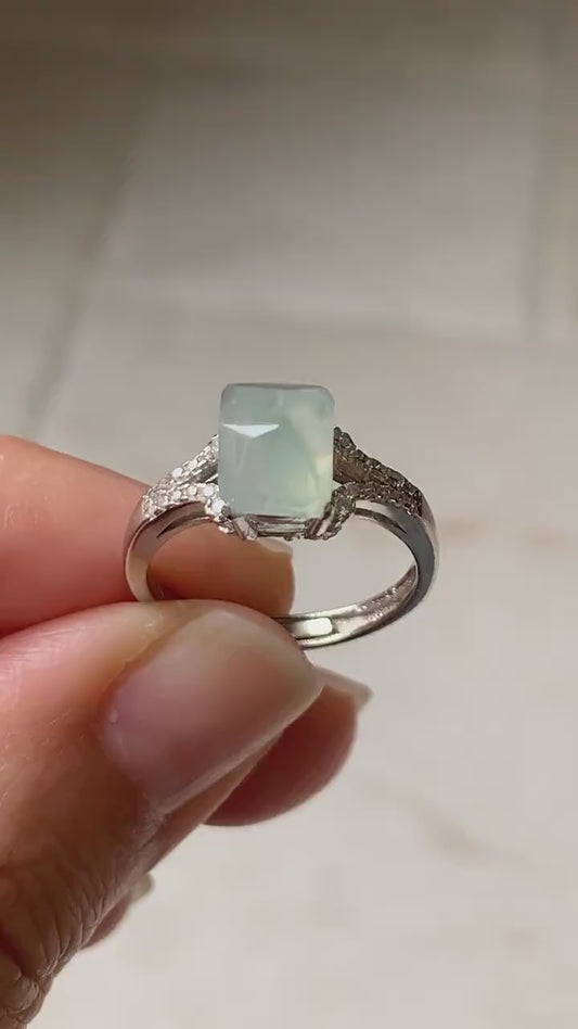 Large Natural Burmese Icy Translucent Gelatinous Faceted Light Green Jadeite Ring S925 Silver Size Adjustable 6-8 天然老种缅甸白冰翡翠马鞍银镶戒指 MQG80B