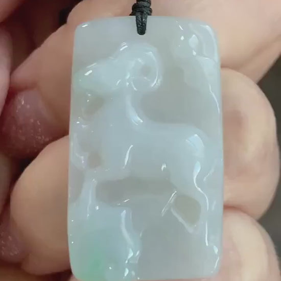 Certified Natural Burmese Translucent Gelatinous Icy White & Green Jadeite Carved Goat Pendant Rope Necklace Adjustable 天然缅甸冰胶玛瑙底白加绿翡翠羊牌吊坠