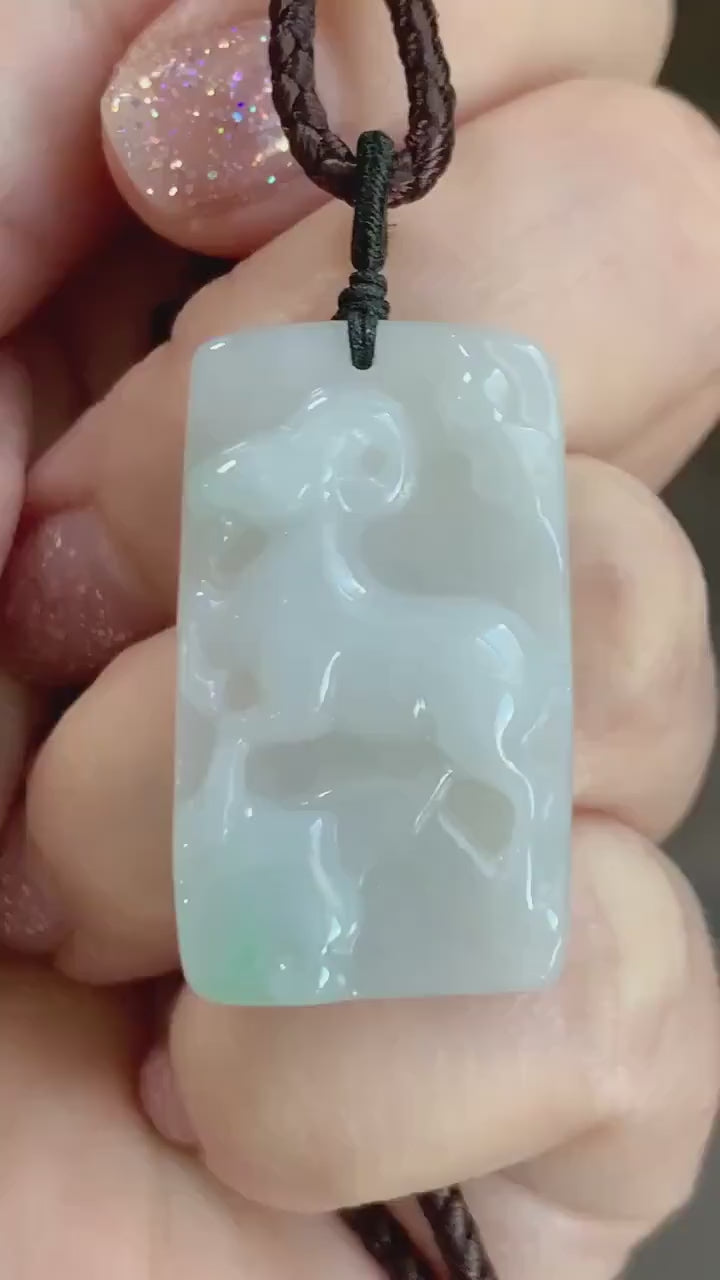 Certified Natural Burmese Translucent Gelatinous Icy White & Green Jadeite Carved Goat Pendant Rope Necklace Adjustable 天然缅甸冰胶玛瑙底白加绿翡翠羊牌吊坠