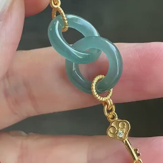 Natural Guatemalan Icy Translucent Teal Blue Carved Interlocking Links “Love” Rope Sterling Silver Key Bracelet Adjustable 4g 天然冰危蓝翡翠环环相扣手绳