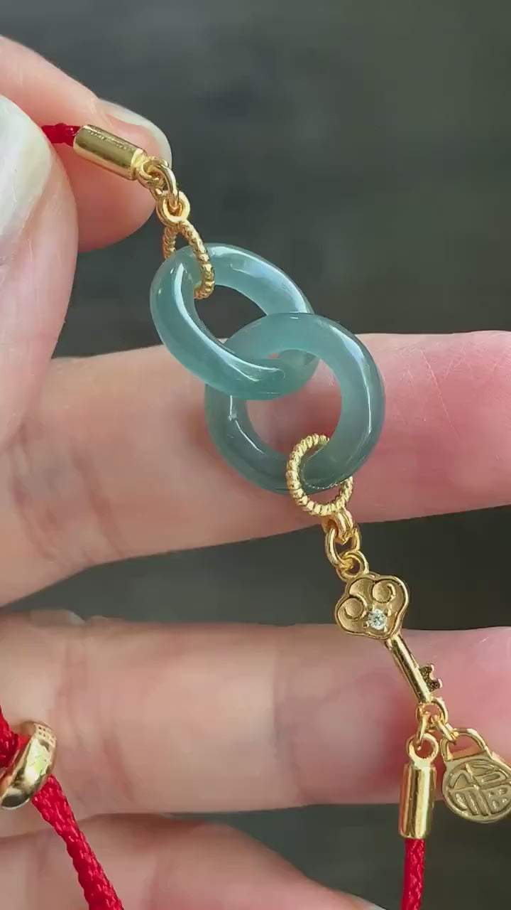 Natural Guatemalan Icy Translucent Teal Blue Carved Interlocking Links “Love” Rope Sterling Silver Key Bracelet Adjustable 4g 天然冰危蓝翡翠环环相扣手绳