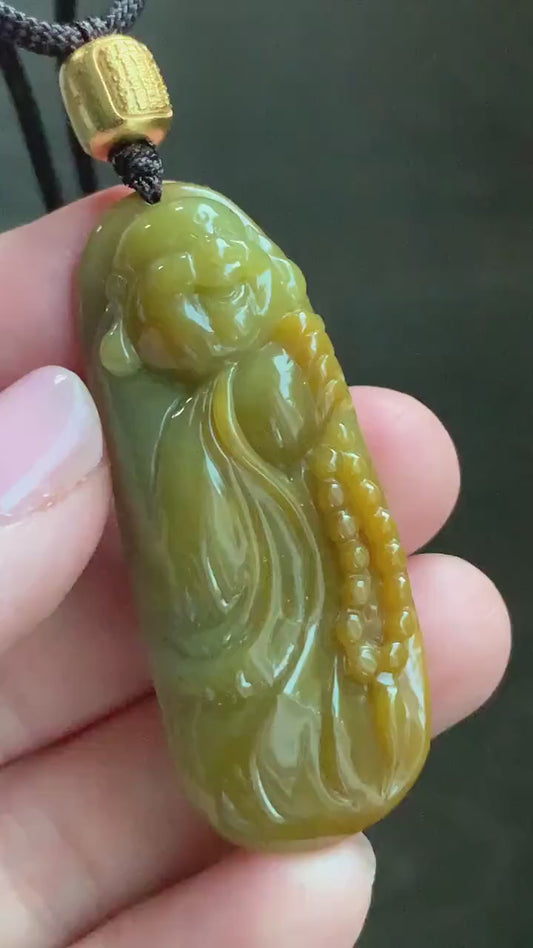 Certified Natural Guatemalan Icy Translucent Rich Vibrant Yellow Jadeite Carefree Buddha Pendant Rope Necklace 25” 天然冰危黄翡翠精工逍遥佛公吊坠 3018