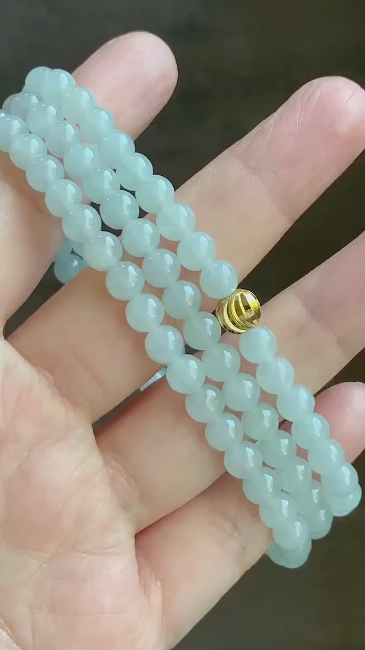 Natural Burmese Icy Translucent Gelatinous Light Blue Jadeite Round Beads Beaded Necklace 6mm 26” 42g 天然缅甸冰胶淡蓝底翡翠圆珠长串项链 DLM221