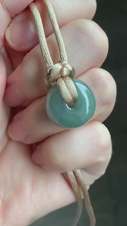 Large Natural Burmese Icy Translucent Dark Dusty Green Jadeite Drum Bead Pendant with Cord Necklace 27” Adjustable 天然缅甸冰糯灰绿翡翠肥鼓珠吊坠