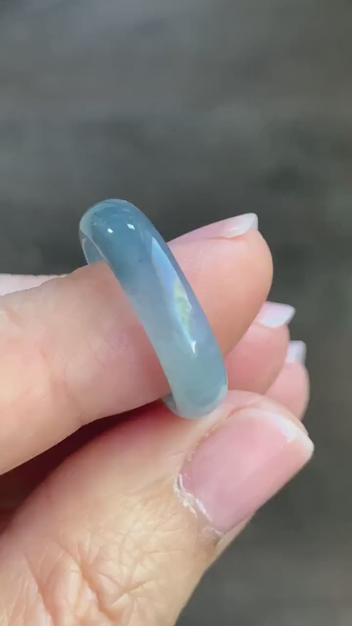 Natural Guatemalan Icy Translucent Gelatinous Light Dusty Blue & Purple Marbled Jadeite Wide Band Ring Sz 6.5 天然冰危蓝紫飘花翡翠戒圈 LZW531A