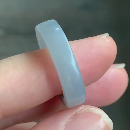 Certified Natural Burmese Icy Translucent Gelatinous Light Gray Wuji Jadeite Square Edged Band Ring Size 9 天然缅甸冰胶淡紫乌鸡翡翠方条戒圈 5171