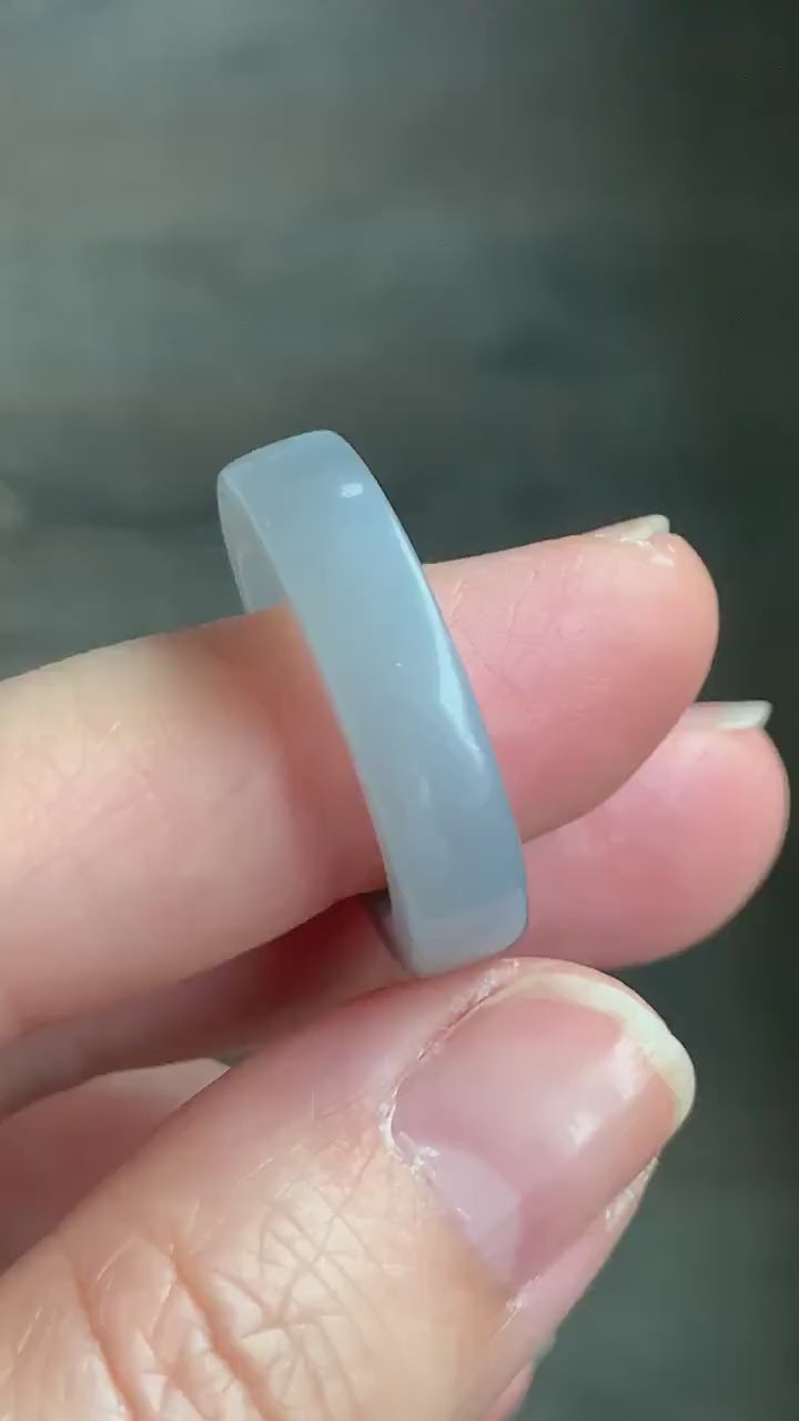 Certified Natural Burmese Icy Translucent Gelatinous Light Gray Wuji Jadeite Square Edged Band Ring Size 9 天然缅甸冰胶淡紫乌鸡翡翠方条戒圈 5171