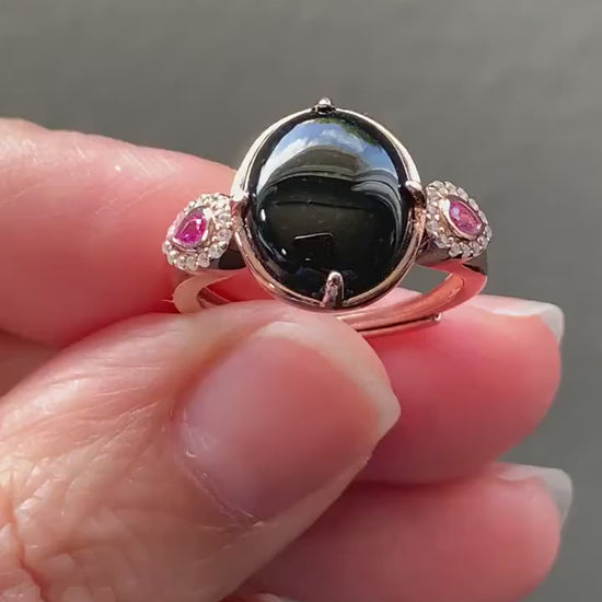 Certified Natural Burmese Icy Translucent Intense Black Jadeite Oval Ring S925 Sterling Silver Rose Gold Finish 天然缅甸墨翠透绿银镶戒指 MC300