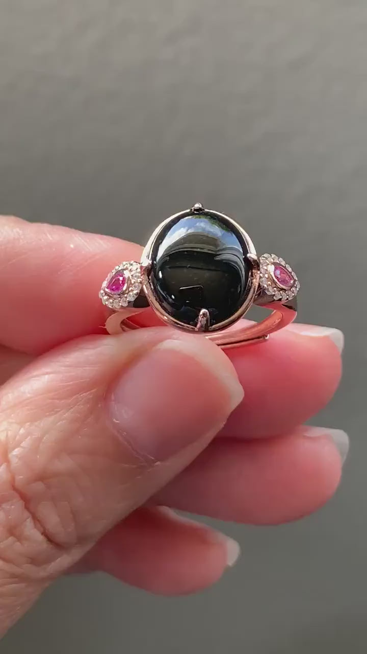 Certified Natural Burmese Icy Translucent Intense Black Jadeite Oval Ring S925 Sterling Silver Rose Gold Finish 天然缅甸墨翠透绿银镶戒指 MC300