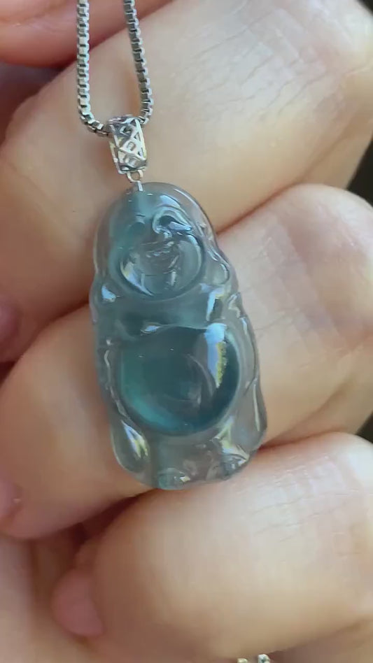 Petite Natural Guatemalan Premium Icy Highly Translucent Indigo Blue Jadeite Standing Buddha Pendant 18K White Gold 天然冰危蓝起光翡翠站佛公镶嵌吊坠 C