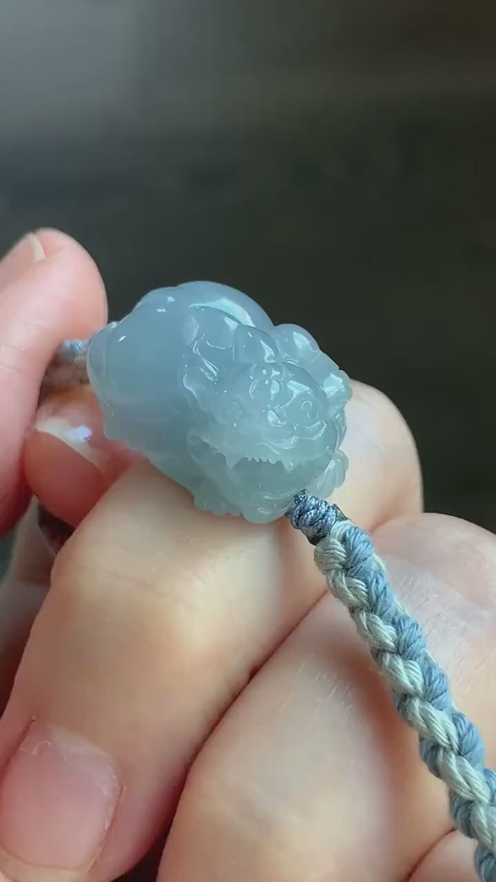 Certified Natural Guatemalan Icy Translucent Gelatinous Light Blue Jadeite Pixiu Rope Bracelet & Olive Pit Beads Bracelet 天然冰胶危淡蓝紫翡翠貔貅手绳橄榄核珠