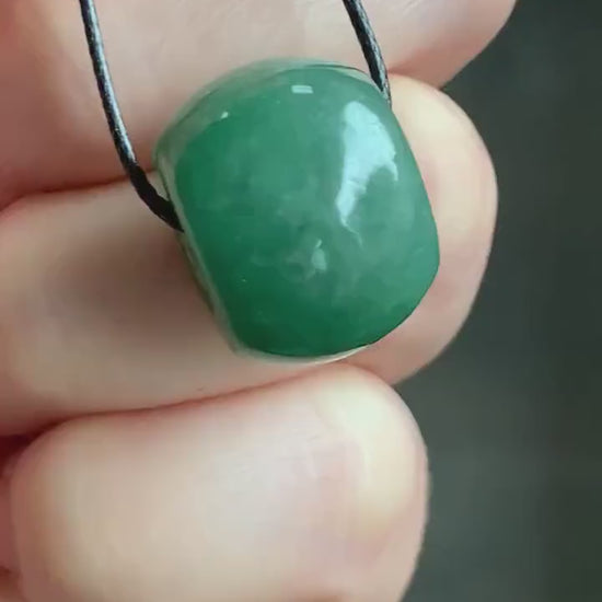 Large Natural Burmese Icy Translucent Dark Dusty Green Jadeite Drum Bead Pendant with Black Cord Necklace 19” 天然缅甸冰糯菠菜绿翡翠肥鼓珠吊坠 A