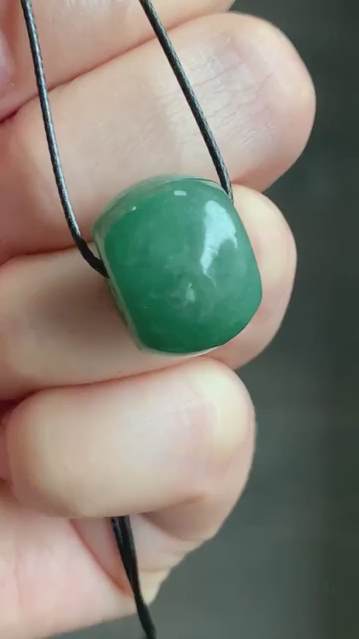 Large Natural Burmese Icy Translucent Dark Dusty Green Jadeite Drum Bead Pendant with Black Cord Necklace 19” 天然缅甸冰糯菠菜绿翡翠肥鼓珠吊坠 A