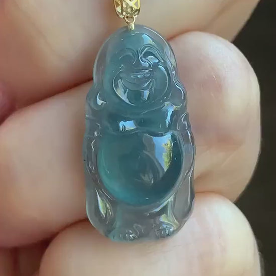 Petite Natural Guatemalan Premium Icy Highly Translucent Indigo Blue Jadeite Standing Buddha Pendant 18K Yellow Gold 天然冰危蓝起光翡翠站佛公镶嵌吊坠 A