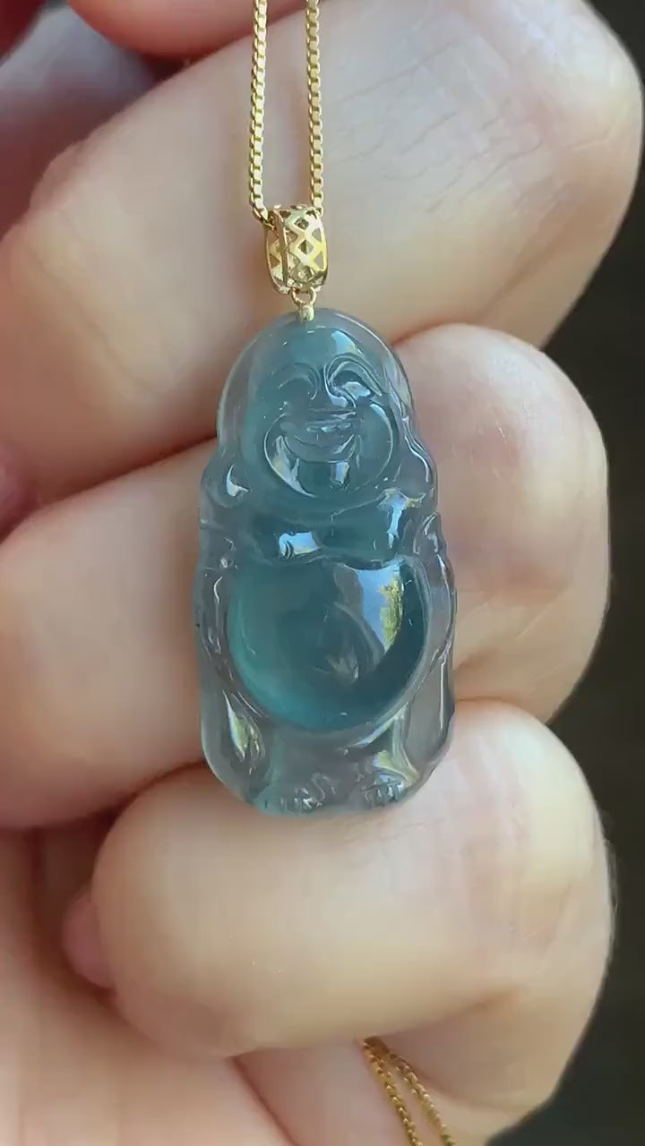 Petite Natural Guatemalan Premium Icy Highly Translucent Indigo Blue Jadeite Standing Buddha Pendant 18K Yellow Gold 天然冰危蓝起光翡翠站佛公镶嵌吊坠 A