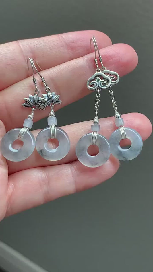 Natural Burmese Icy Translucent Gelatinous Wuji Jadeite Ping An Kou Donut Dangle Earrings Retro Style 925 Sterling Silver 天然缅甸A货冰胶乌鸡翡翠平安扣银耳吊