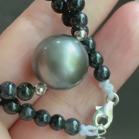 Natural Burmese Icy Translucent Wuji Jadeite Genuine Silver Tahitian Pearl Sterling Silver Beaded Necklace 17”-18.25” 14g 天然缅甸冰胶乌鸡翡翠珠大溪地珍珠项链