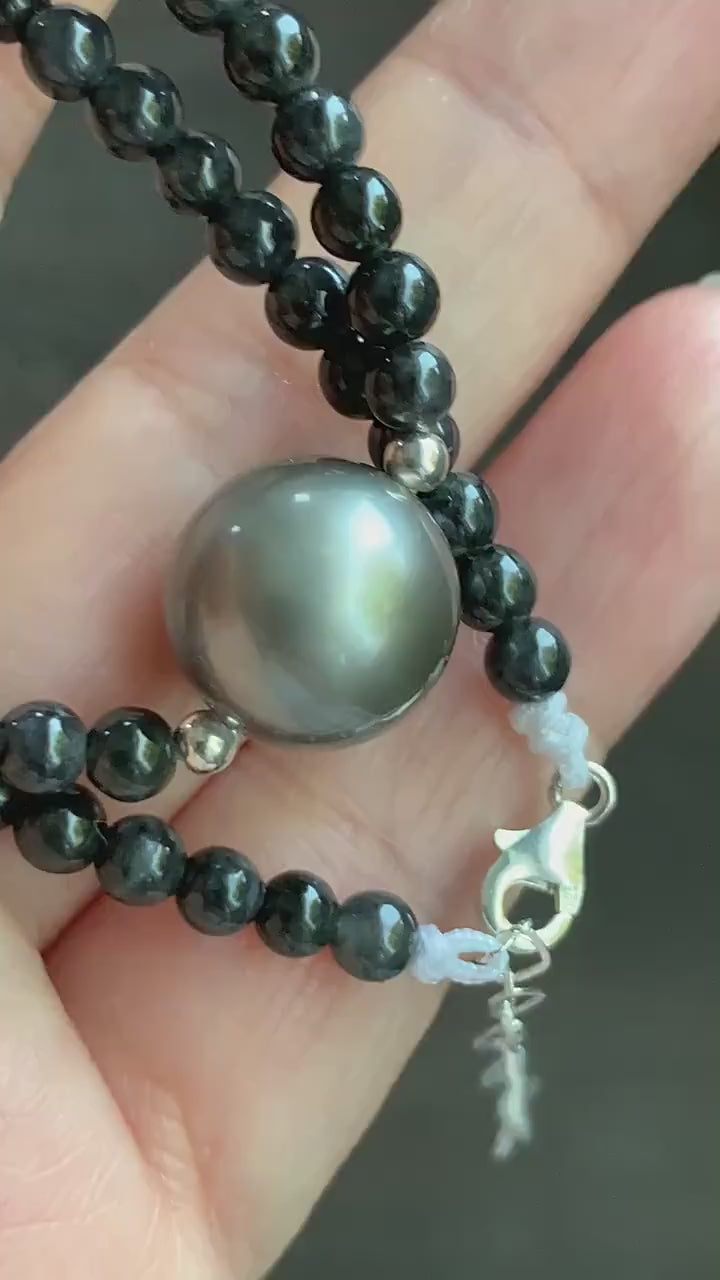 Natural Burmese Icy Translucent Wuji Jadeite Genuine Silver Tahitian Pearl Sterling Silver Beaded Necklace 17”-18.25” 14g 天然缅甸冰胶乌鸡翡翠珠大溪地珍珠项链