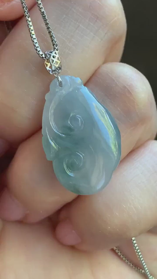 Petite Natural Burmese Icy Translucent Gelatinous Light Purple Teal Blue Marbled Jadeite Carved Ruyi Pendant 18K White Gold 天然缅甸淡冰紫飘花翡翠如意吊坠