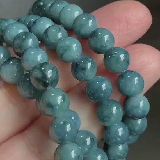 Natural Burmese Icy Translucent Blue & Dark Teal Blue Marbled Jadeite Beaded Necklace 6.9mm 25” 56g 天然缅甸冰胶牛仔蓝飘蓝花翡翠长串项链 MLCH917