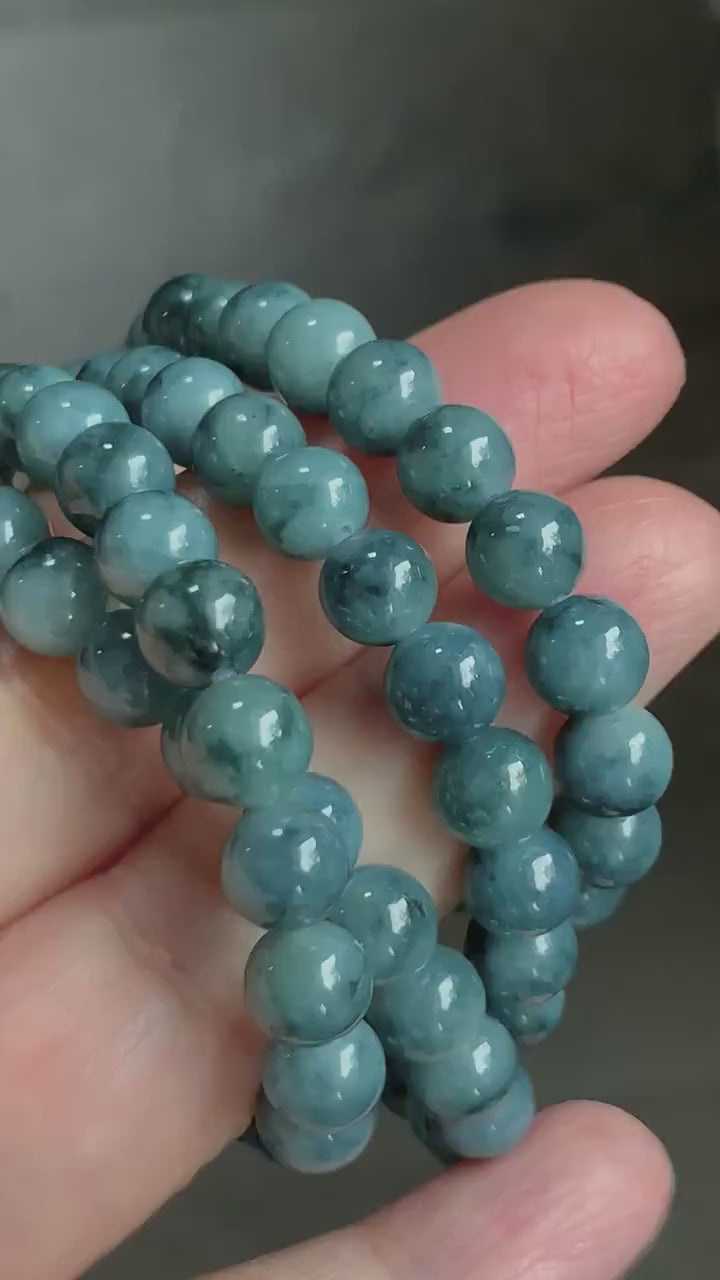 Natural Burmese Icy Translucent Blue & Dark Teal Blue Marbled Jadeite Beaded Necklace 6.9mm 25” 56g 天然缅甸冰胶牛仔蓝飘蓝花翡翠长串项链 MLCH917