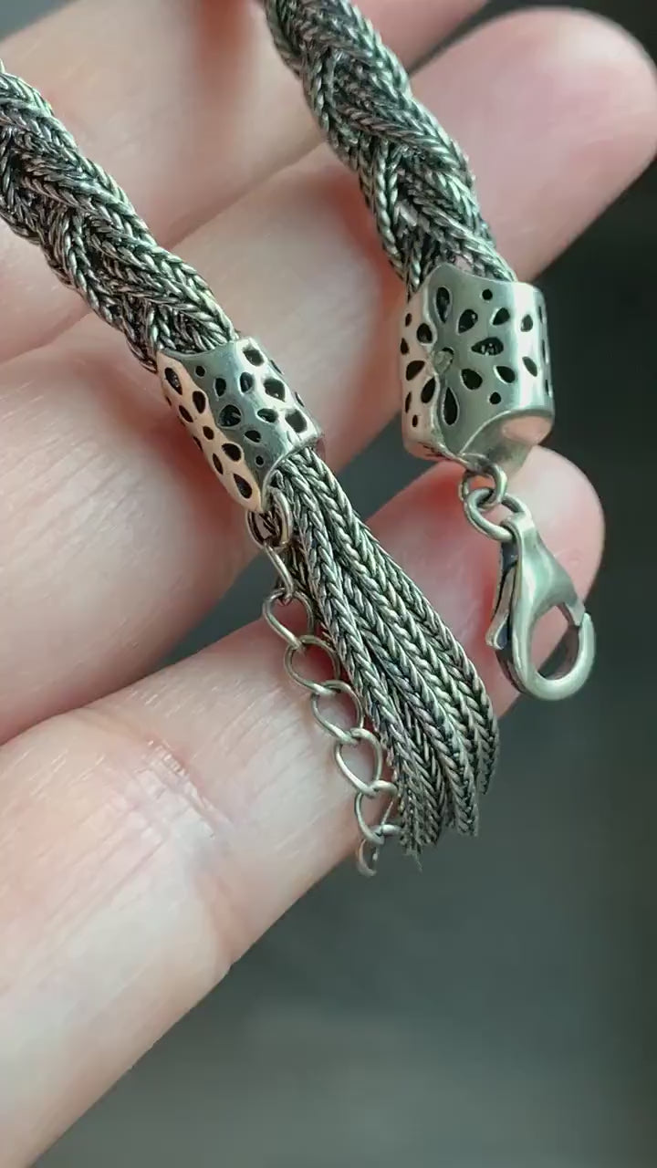 925 Sterling Silver Solid Braided Bracelet Adjustable 12 grams 纯银手工麻花手链