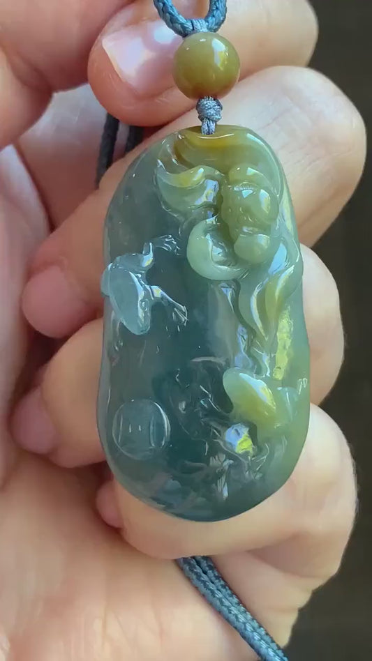 Natural Guatemalan Icy Translucent Dark Blue Rich Yellow Marbled Jadeite Lotus Flower & Frogs Pendant Rope Necklace 26” 22g 天然冰危蓝加黄翡翠莲花青蛙吊坠