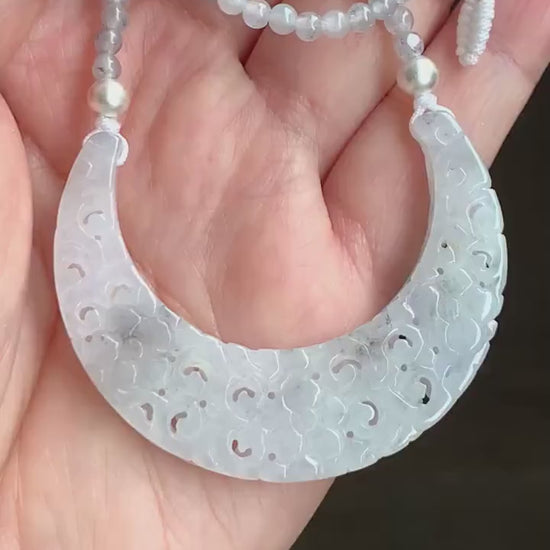 Natural Burmese Icy White Wuji Jadeite Openwork Engraved Crescent Moon Pendant Sterling Silver Beaded Necklace 17” 天然缅甸冰胶乌鸡翡翠镂空雕弯月玉横小圆珠项链