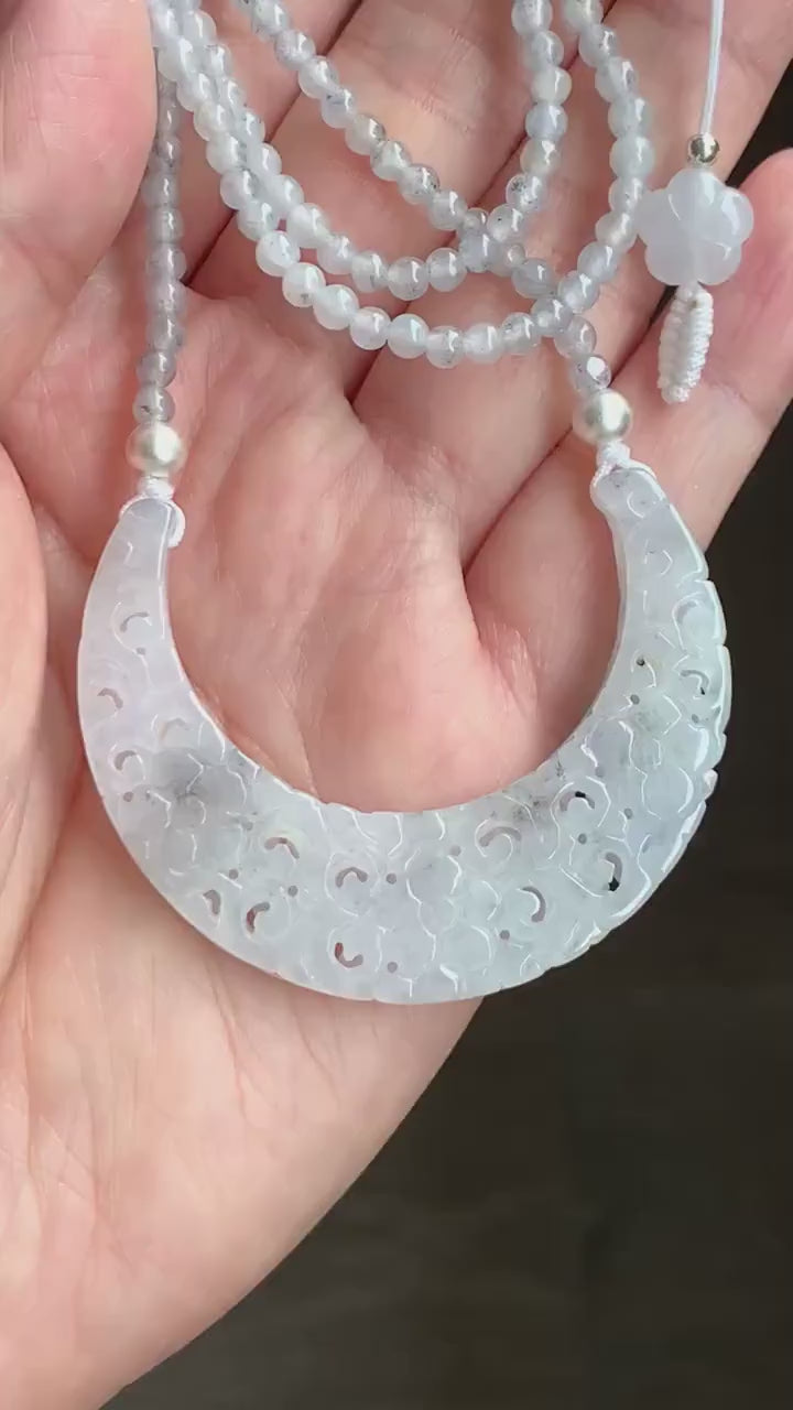 Natural Burmese Icy White Wuji Jadeite Openwork Engraved Crescent Moon Pendant Sterling Silver Beaded Necklace 17” 天然缅甸冰胶乌鸡翡翠镂空雕弯月玉横小圆珠项链